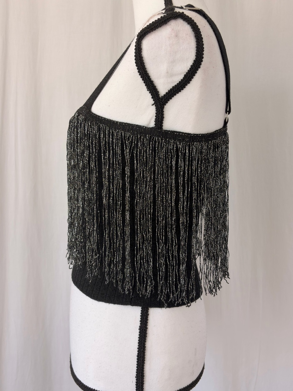 Fab’rik Black Silver Metallic Fringed Crop Ribbed Square Neck Tank Top Sz Medium - Picture 4 of 17